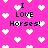 Pixelated pink background with white heart shapes and repeated text "I LOVE Horses!" in dark blue pixel font.