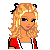 Pixel art of a blonde woman in red top and blue jeans with cat ears, alongside heart-hug teddy bear icon.
