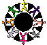 A circular icon with a black center and colorful symbols around the perimeter, transitioning into a blue peace sign that expands to fill the circle.