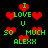 Pixelated green text and red hearts on black background, repeating 'I LOVE U SO MUCH ALEXX' in a pattern