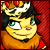 Pixelated cartoon character with green eyes and black hair wears a crown, red outfit, and brown fur collar against a red checkered background.