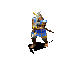 Animated sequence of a warrior in blue and gold armor performing sword combat poses against a gray background.