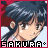 Pixel art of a character with dark blue hair in a ponytail, showing sequential facial expressions from neutral to smiling against a red and white background