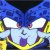 Pixelated blue and yellow character with large white eyes, pink nose, and purple mouth, set against a dark background.