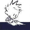 Black-and-white cartoon character with spiky hair in various poses at a desk, some holding paper or pencil.