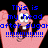 Pixelated cartoon character with pink skin and wide eyes extends both hands forward, overlaid with blue pixel text on black background.