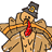 Pixelated turkey character in brown feathers, red wattle, and black pilgrim hat with yellow emblem, set against red background with yellow text.