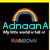 A digital icon with a rainbow arc over text, rainbow stripes below, and a heart-patterned background with the word 'loves' in cyan.