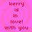 A static image with a pink spiral background and red pixelated text reading 'kerry is in love! with you' repeated four times.