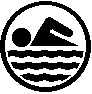 Black silhouette icons of swimming figures in circular frames with wavy water lines, arranged in a