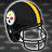 Black football helmet with yellow stripe and Steelers logo on front, silver face mask, displayed in