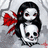 Pixelated image of a figure with long black hair and red eyes holding a skull, surrounded by red splatters on gray background, with red text blocks.