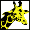 Yellow and black giraffe head with patterned spots, facing right, against white background with black border.