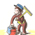 Pixelated cartoon character in red outfit holding bucket and yellow tool with blue cap, standing on white background.