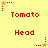Yellow background with red pixelated text reading 'Tomato' and 'Head' in a , surrounded by small red star icons with dotted lines