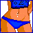 Pixelated animated contact sheet showing a female character in blue bikini with visible belly button, changing poses and accessories across frames including a baseball cap, with "Haitian Cutie" text variations below each frame.