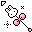 Pixel art of a Hello Kitty–style character with pink bow and whiskers, holding a pink rattle-like object against white background.