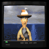 Animated cartoon character in a wide-brimmed hat with white and orange sections, standing against blue water and gray sky background.
