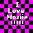 Pixelated text on a pink and black checkered background with four identical showing 'I Love Mozie !!!!' and a central starburst effect