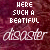 A 3x3 contact sheet of an animated AIM buddy icon showing eight frames with the text "HERE SUCH A BEATIFUL disaster" on a maroon background, featuring white stars and subtle animation changes across frames.
