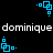 Blue pixelated square icons with small dots animate around white text reading 'dominique dominique' on a black background.