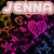 Pixelated image with 'JENNA' text in light pink, multiple purple hearts, orange outlined hearts, and colorful star-like shapes on a dark background.