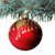A red spherical ornament with a gold cap hangs from a green pine branch against a white background.