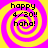Four identical spiral-patterned icons with yellow and pink colors, each displaying text 'happy 4/20!! haha!' in black pixelated font.