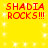 Yellow background with four identical red pixelated text blocks reading "SHADIA ROCKS!!!" surrounded by white sparkles.