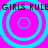 A static image with a bright pink background featuring four cyan concentric circles arranged in a , overlaid by repeated black text reading "GIRLS RULE"
