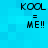 Four identical pixelated text on a blue background, each displaying 'KOOL = ME!!' in black block letters