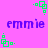 A static image with a bright pink background featuring repeated green square-based pixel art icons and purple text reading 'emmie' in two
