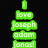 Green text on black background reads 'I love Joseph Adam Jonas!', with a person singing into microphone and another person's profile view, plus two other people in separate