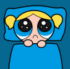 A cartoon character with blonde pigtails and blue eyes lies under a blue blanket, transitioning from open to closed eyes.