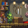 Pixel art scene of a green reptilian character in a room with shelves, weapons, and lanterns; the right side shows an alternate arrangement of background elements.