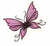 Pixelated butterfly with pink and purple wings, dark body, and gray antennae on white background.