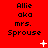 Red background with repeated text "Allie aka mrs. Sprouse" and white pixelated symbols in a