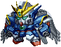 Pixel art of a blue and silver mecha with golden head spikes, green eyes, red chest accents, and gray wings in two poses against a light gray background.