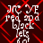Red and black pixelated text on a dark red background with red diamond outlines, showing repeated patterns of 'JRC', 'red', 'and', 'black', 'lets', and 'd n' in white pixelated font.
