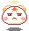 Pixelated character with round white face, brown eyes, pink cheeks, red star on forehead, yellow halo above head.