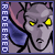 nine identical pixel-art showing a gray-skinned character with yellow eyes and purple-blue hair, each bordered by vertical 'REDEEMED' text