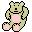 Pixelated green teddy bear with pink accents on ears, chest, and feet; two static poses show different arm positions and facial expressions.