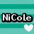 Two side-by-side text displays of 'NiCoLe' with black outlines on a teal striped background, each paired with a heart symbol below.