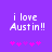 Purple background with white pixelated text 'i love Austin!!' and five pink star icons below, where the third star changes from light to dark pink between frames.