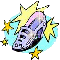 Pixelated icon of a purple shoe with pink accents surrounded by yellow stars and light blue circular background.