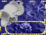 Animated pixel art of a white elephant head with gray inner ear and trunk, framed by gold borders on a blue floral background, with the letter 'M' on its forehead.