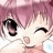 A pixelated anime-style character with pink hair and one eye closed in a wink, next to stylized text on a black background.