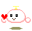 Pixelated white character with pink outline, yellow antenna, and green base holding red heart in various poses.