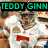 Pixelated image of a person in white attire with red accents, wearing a hat and holding an object, under green text reading 'TEDDY GINN' on black background.