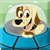 Pixelated cartoon dog with light brown and white fur, black nose, pink tongue, and brown ears, wearing a blue shirt, set against a green and light blue background.
